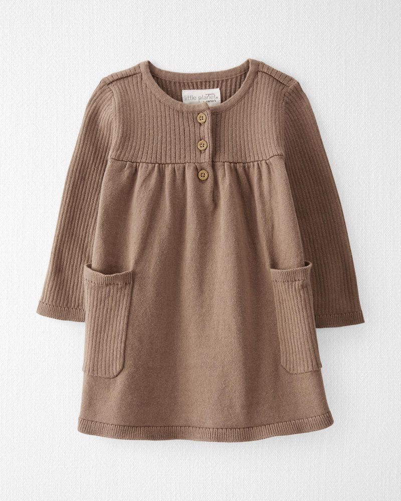 Baby Organic Cotton Ribbed Sweater Knit Dress in Light Brown, image 1 of 5 slides