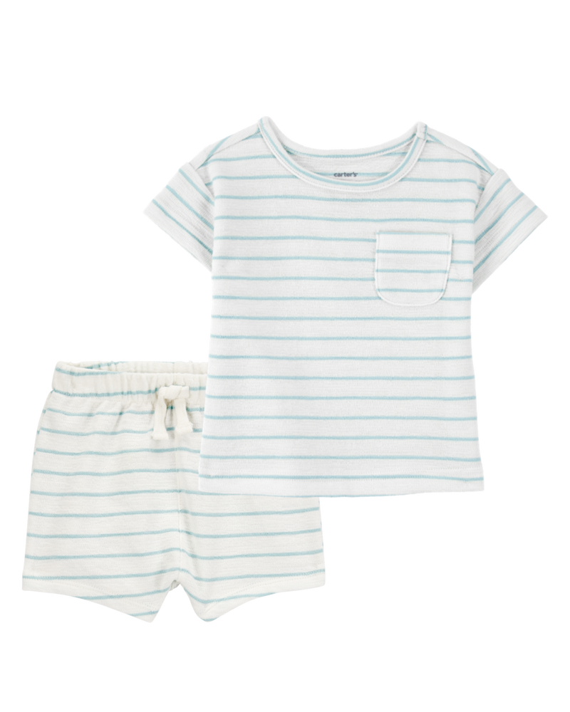 Baby 2-Piece Striped Pocket Tee & Pull-On Slub Jersey Shorts Set - Ivory/Mint, image 1 of 6 slides