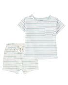 Baby 2-Piece Striped Pocket Tee & Pull-On Slub Jersey Shorts Set - Ivory/Mint, image 1 of 6 slides