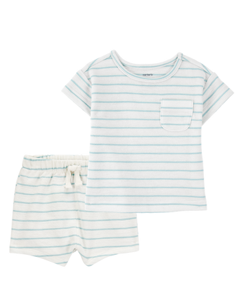 Baby 2-Piece Striped Pocket Tee & Pull-On Slub Jersey Shorts Set - Ivory/Mint, 