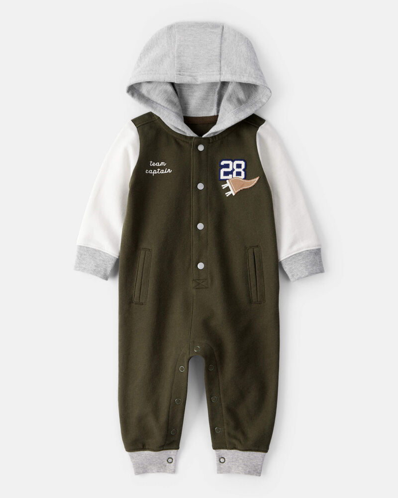 Baby Varsity Hooded Jumpsuit - Green/Grey, image 1 of 4 slides