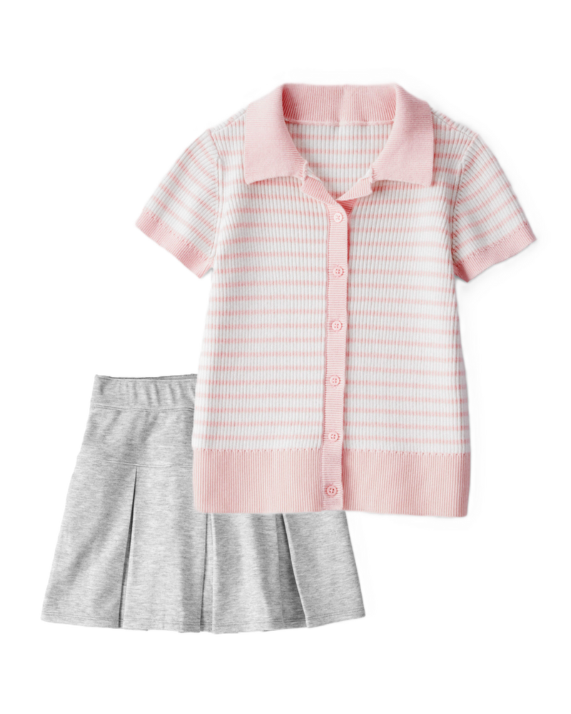 Girls 2-Piece Short-Sleeve Striped Tee & Pleated Ponte Skort Set - Pink/Grey, image 1 of 6 slides