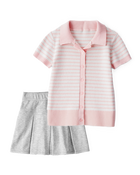 Girls 2-Piece Short-Sleeve Striped Tee & Pleated Ponte Skort Set - Pink/Grey, image 1 of 6 slides