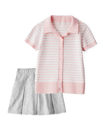 Girls 2-Piece Short-Sleeve Striped Tee & Pleated Ponte Skort Set - Pink/Grey, 