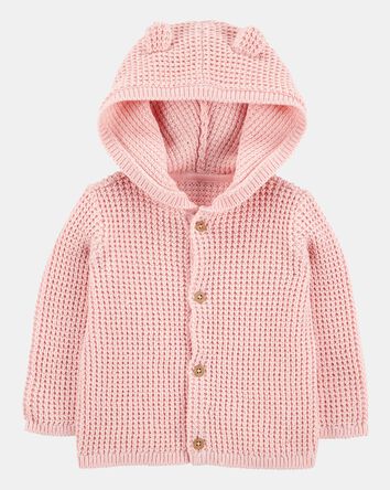 Baby Hooded Waffle Knit Cardigan - Pink, 