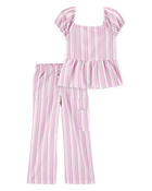 Kid 2-Piece Striped Peplum Top & Drawstring Pants Set - Pink/White, image 1 of 7 slides