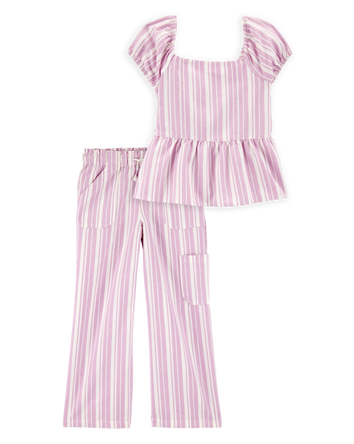 Kid 2-Piece Striped Peplum Top & Drawstring Pants Set - Pink/White, 