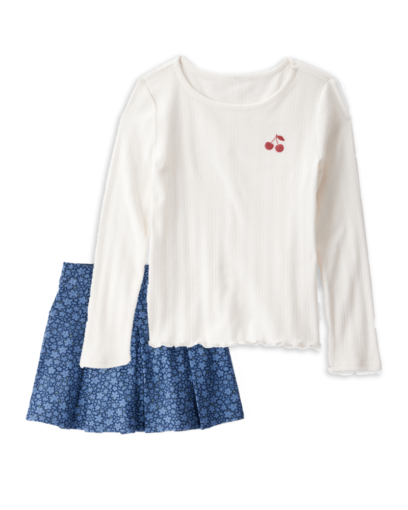 Girls 2-Piece Cherry Embroidered Top & Pleated Skort Set - Ivory/Navy, image 1 of 6 slides