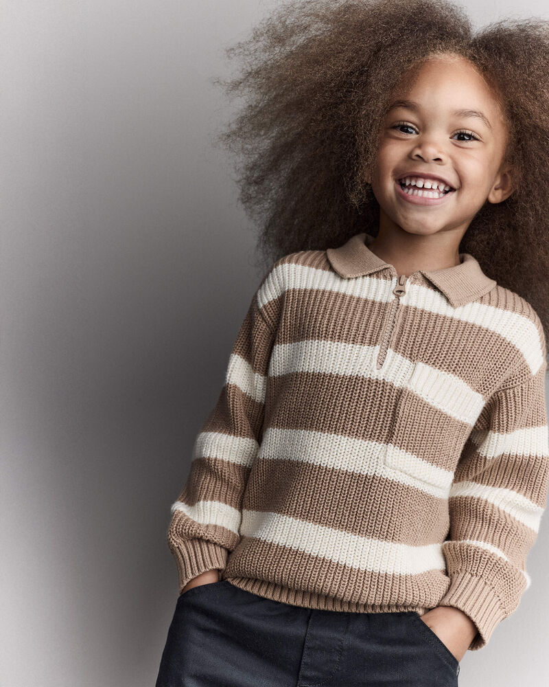 Toddler Striped Quarter-Zip Sweater - Tan/White, image 1 of 6 slides