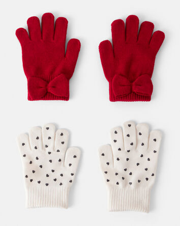Girls 2-Pack Heart & Bow Winter Gloves - Red/Cream, 