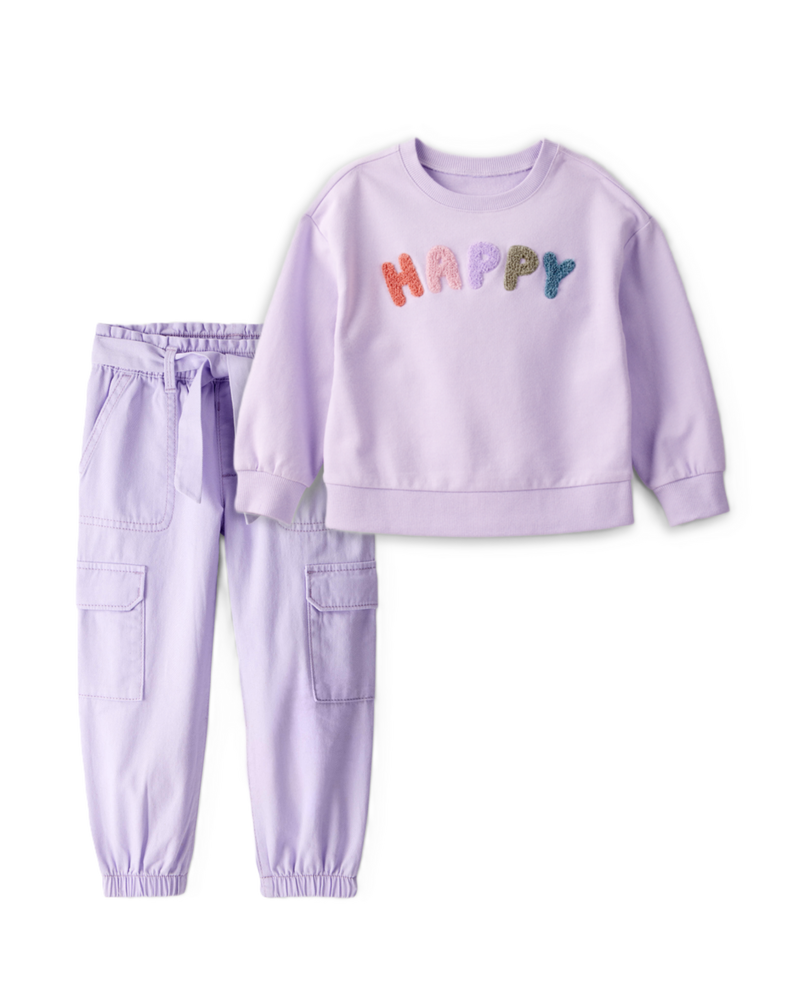 Baby Girl 2-Piece Purple Pullover Sweatshirt & Cotton Cargo Joggers Set - Purple, image 1 of 8 slides