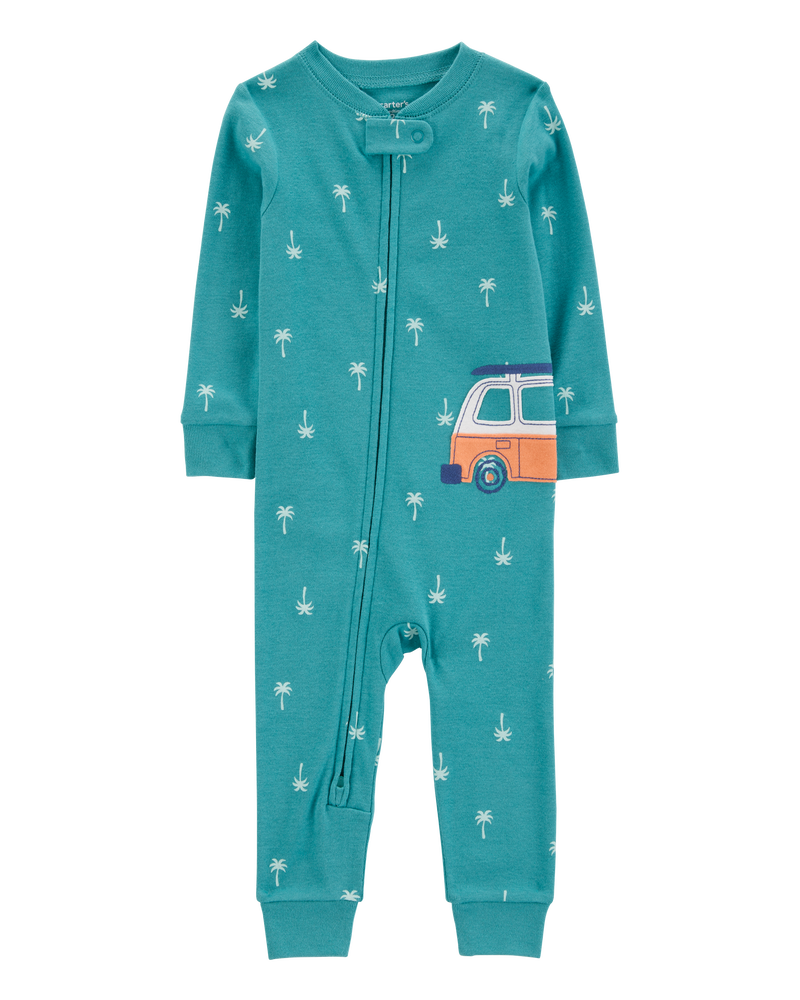 Toddler Boy Car Palm Tree Snug Fit Cotton Footless 1-Piece Pajamas - Turquoise, image 1 of 4 slides