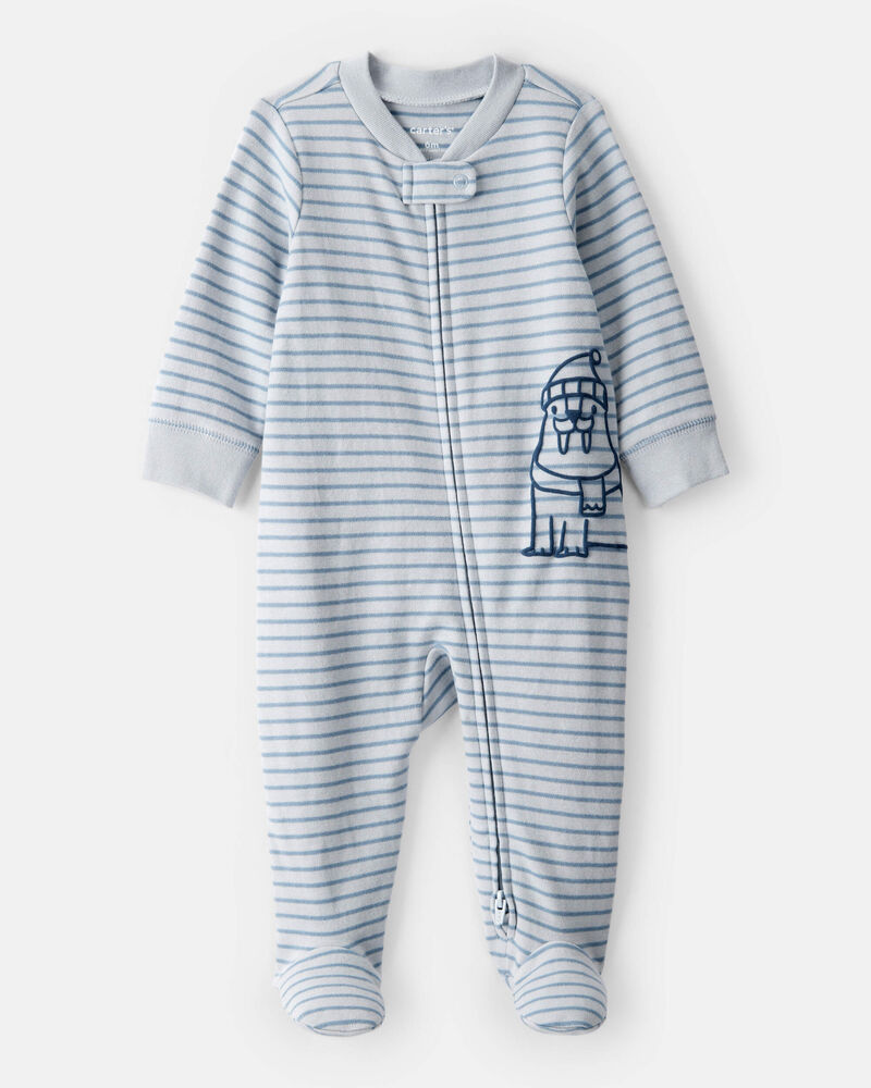 Baby Boy Walrus 100% Cotton Long-Sleeve Snug Fit Sleep & Play Pajamas - Blue, image 1 of 5 slides