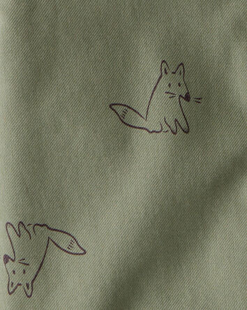 Toddler Boy Racoon Print Cotton Long-Sleeve Hooded Button-Down Shirt - Green, 