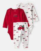 Baby Boy 3-Piece Train Print Long-Sleeve Bodysuits & Pant Set - Red/White, image 1 of 7 slides
