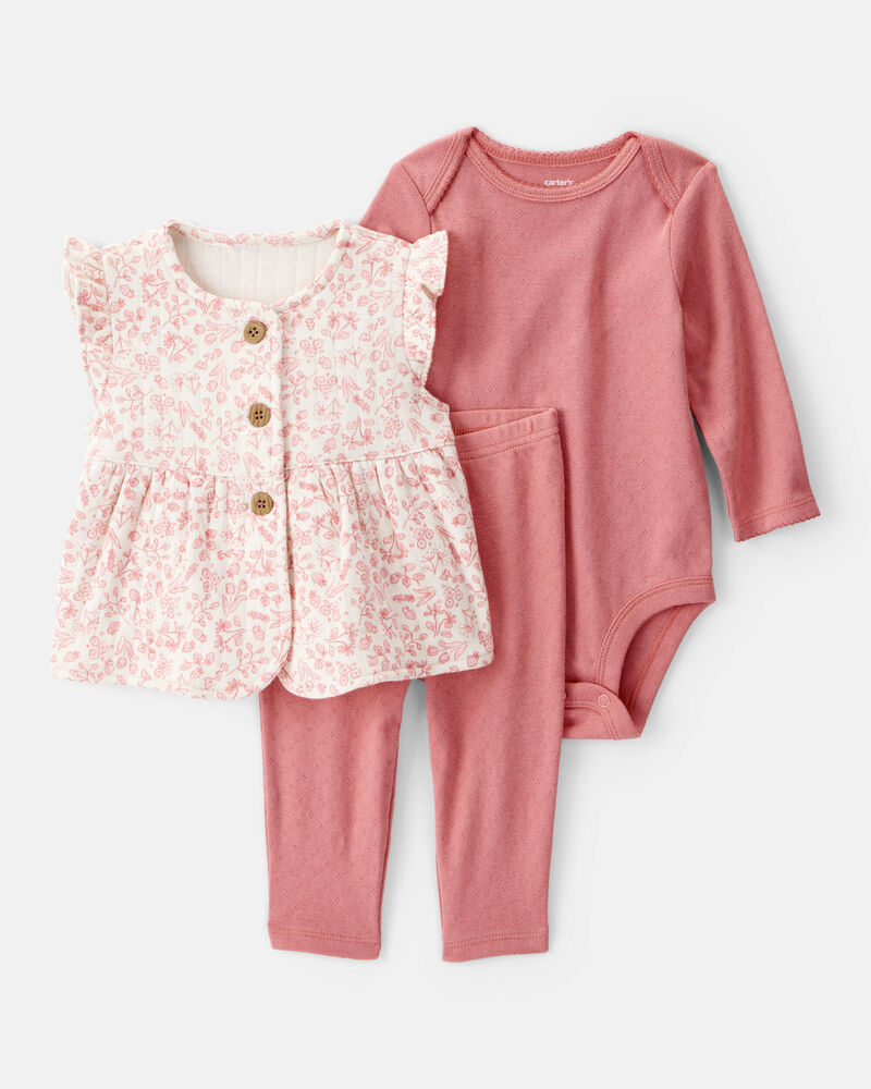 Baby 3-Piece Floral Little Vest Set - Pink, image 1 of 5 slides