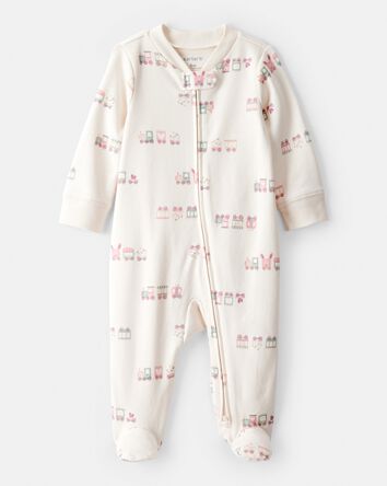 Baby Girl Train Print 100% Cotton Long-Sleeve Snug Fit Sleep & Play Pajamas - Cream, 
