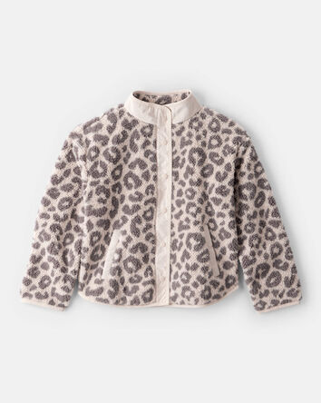Girls Leopard Print Long-Sleeve Sherpa Jacket - Brown, 