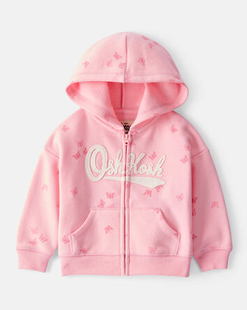 Baby Girl Butterfly Print Fleece Hooded Zip-Up Jacket - Pink, 