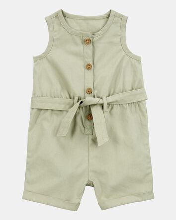 Baby Girl Sleeveless Canvas Romper - Olive, 