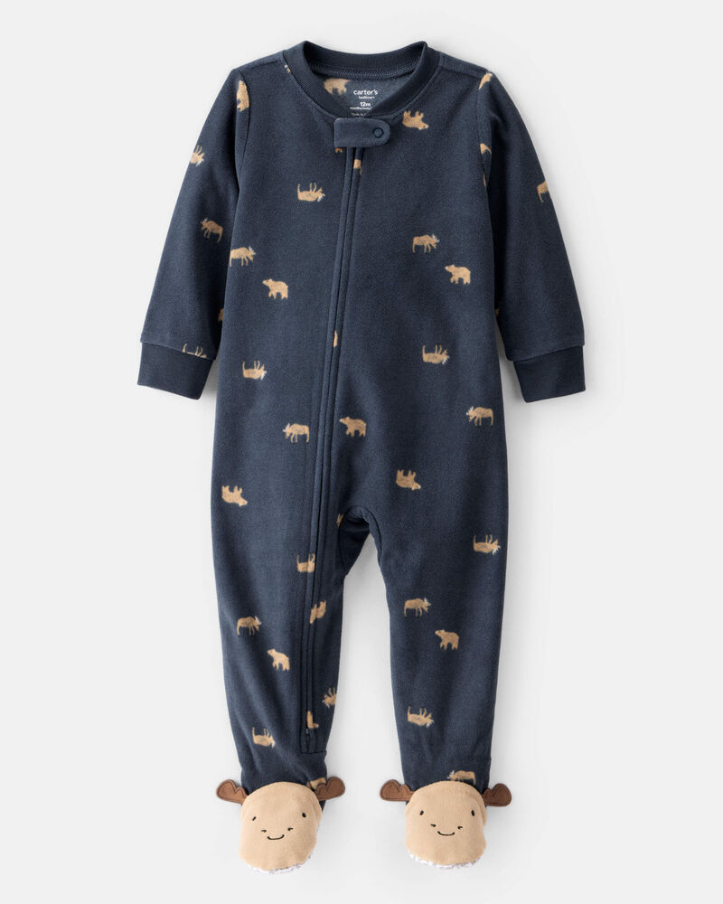 Toddler Boy Moose & Bear Loose Fit Long-Sleeve 1-Piece Pajamas - Navy Blue, image 1 of 4 slides