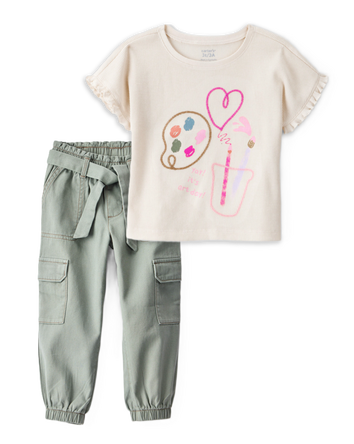 Toddler Girl 2-Piece Arts & Crafts Top & Cotton Cargo Joggers Set - Ivory/Green, 