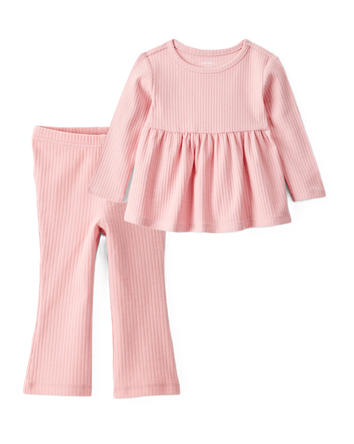 Baby Girl 2-Piece Long-Sleeve Peplum Top & Cotton Flared Leggings Set - Pink, 