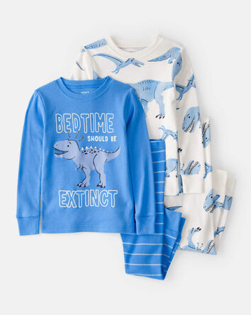 Baby Boy Dinosaur Print 100% Cotton Long-Sleeve 4-Piece Pajamas - White/Blue, 