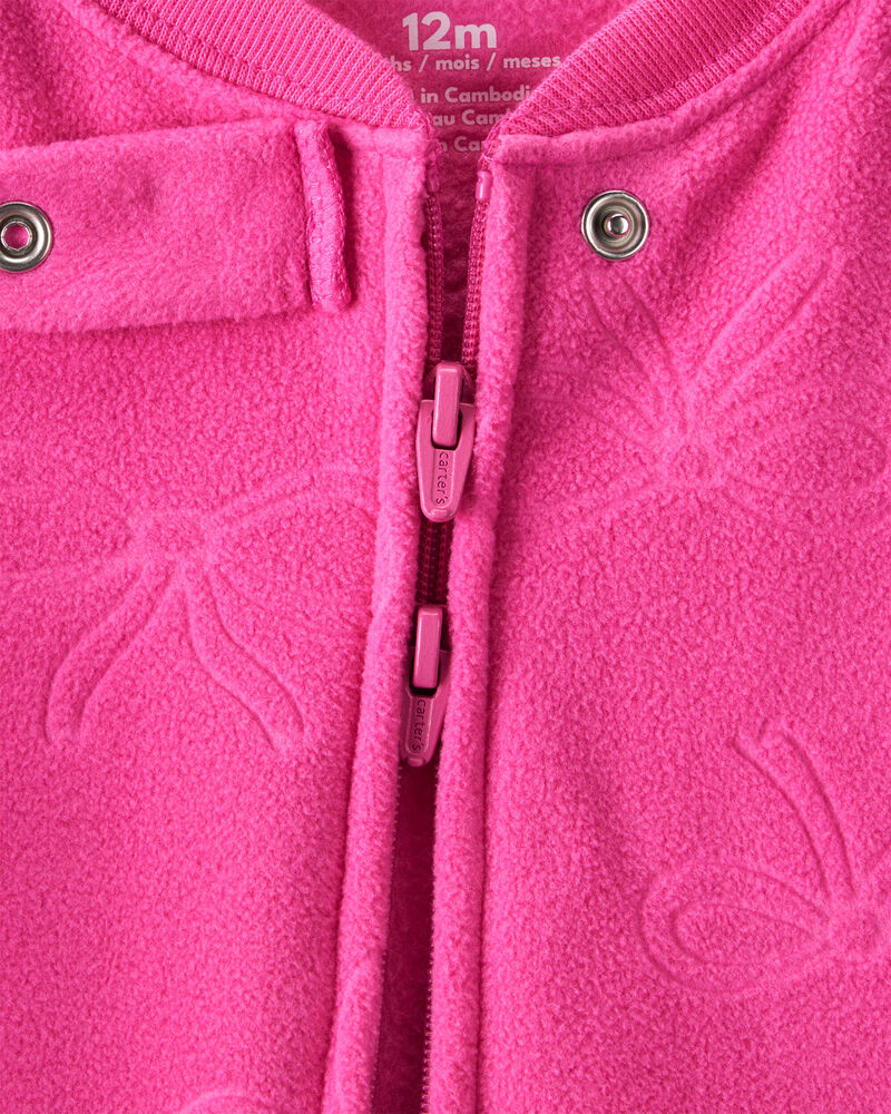 Baby Girl Bow Fleece Long-Sleeve 2-Way Zip 1-Piece Pajamas - Pink, image 2 of 4 slides