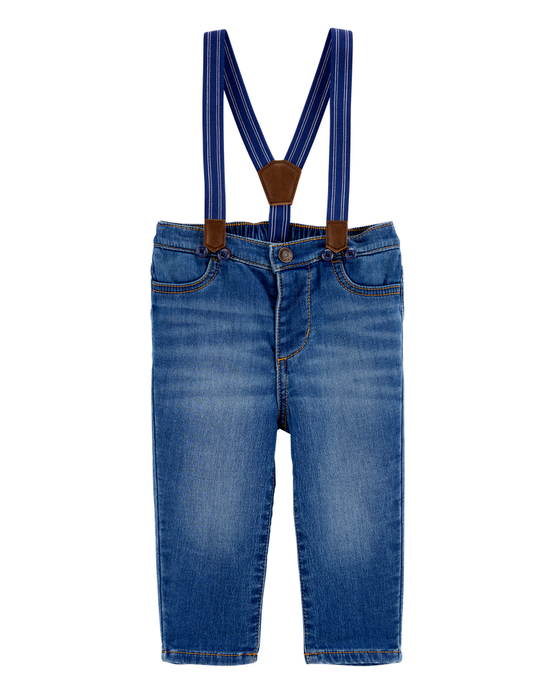 Baby Knit-Denim Suspender Pants, image 1 of 5 slides