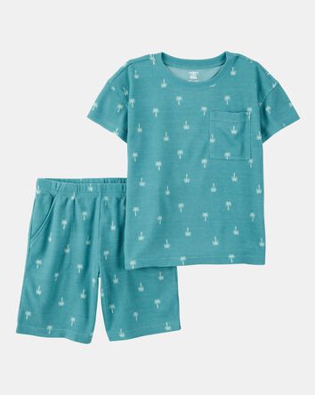 Boys Palm Tree Print Loose Fit Waffle Knit 2-Piece Pajamas - Turquoise, 