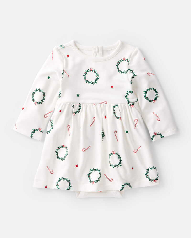 Baby Girl Wreath Print PurelySoft Long-Sleeve Bodysuit Dress - White, image 1 of 5 slides