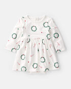 Baby Girl Wreath Print PurelySoft Long-Sleeve Bodysuit Dress - White, image 1 of 5 slides