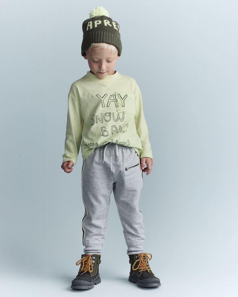 Toddler Snow Ball Fight!' Long-Sleeve Pocket Relaxed Graphic Tee - Lime, image 3 of 6 slides