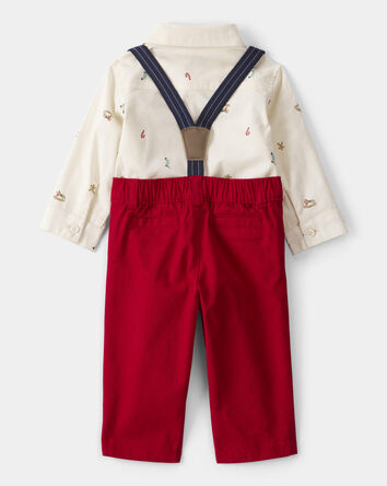 Baby Boy 3-Piece Holiday Print Cotton Long-Sleeve Shirt & Suspender Pant Set - Red/White, 