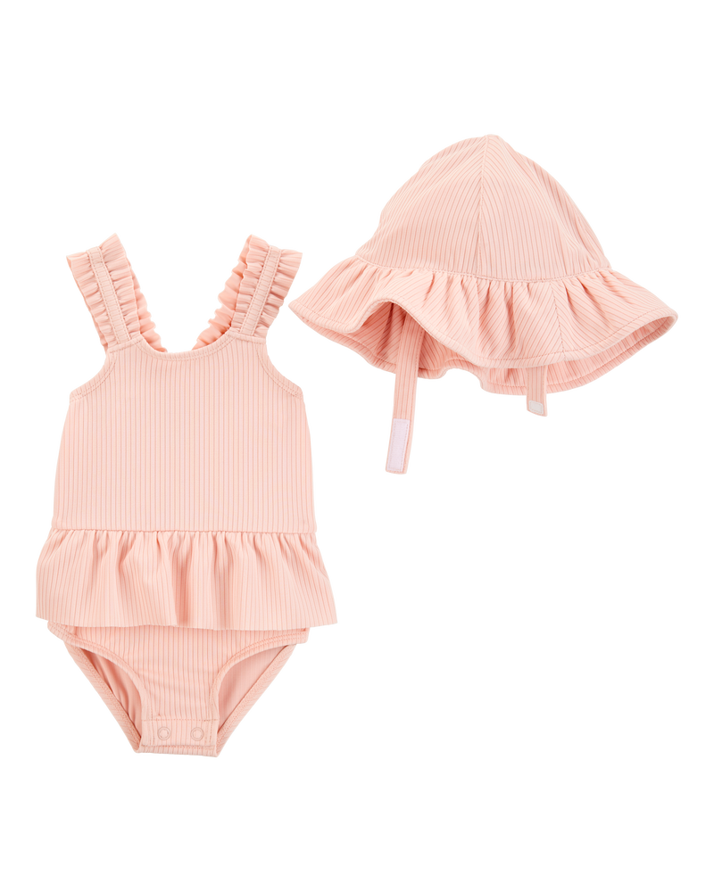 Baby 2-Piece Sun Hat & Ruffle 1-Piece Swimsuit Set, image 1 of 6 slides