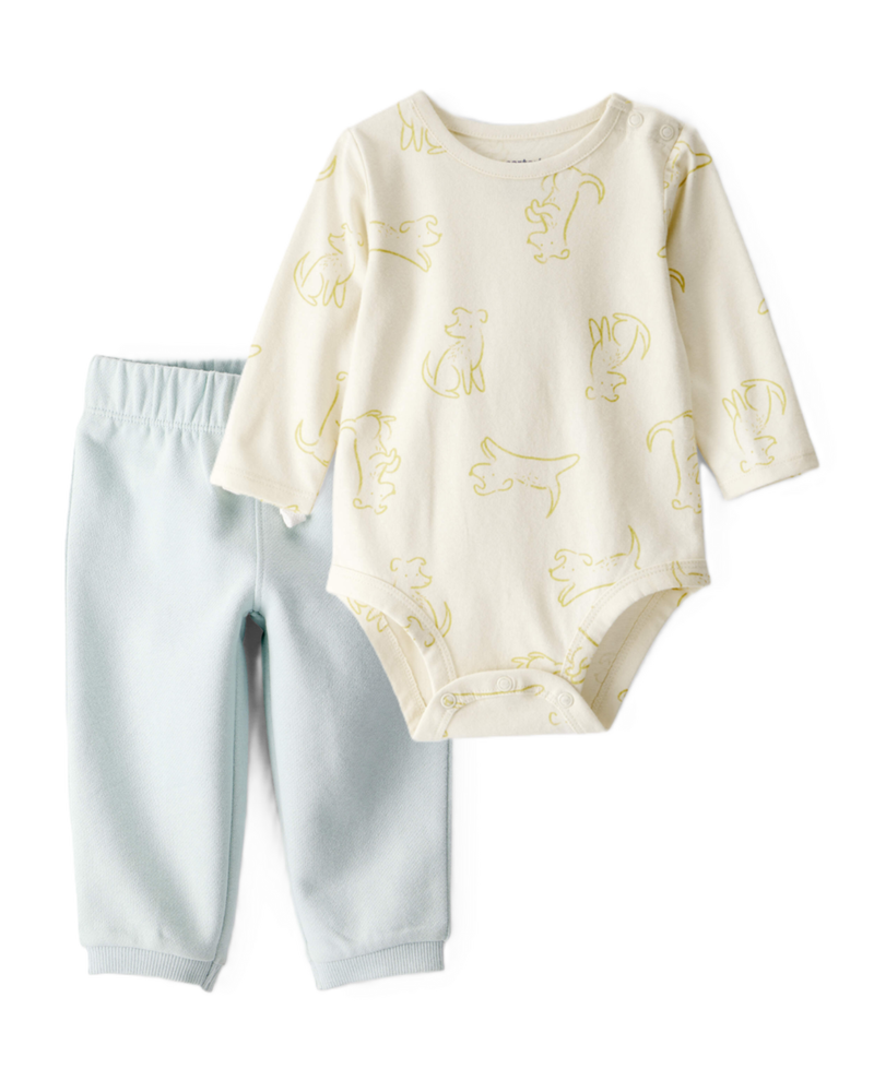 Baby Boy 2-Piece Dog Print Bodysuit & Daydream Fleece Pants Set - Ivory/Blue, image 1 of 6 slides