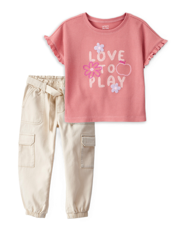 Baby Girl 2-Piece Love to Play Graphic Tee & Cargo Joggers Set - Ivory/Pink, 