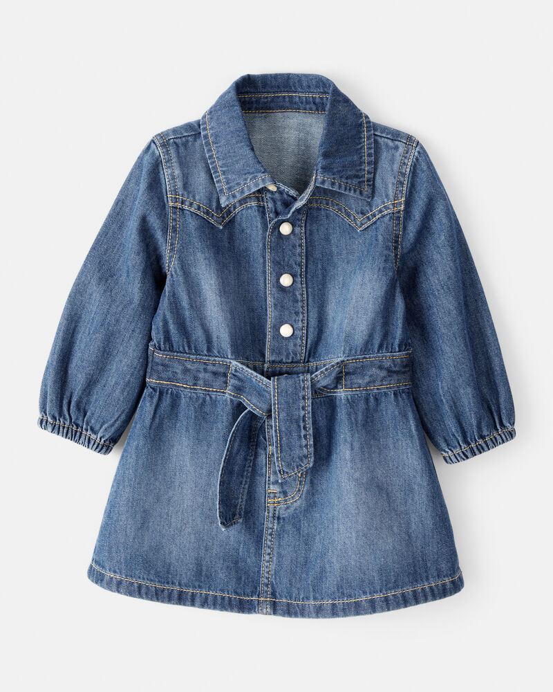 Baby Girl Cotton Denim Long-Sleeve Dress - Blue, image 1 of 5 slides