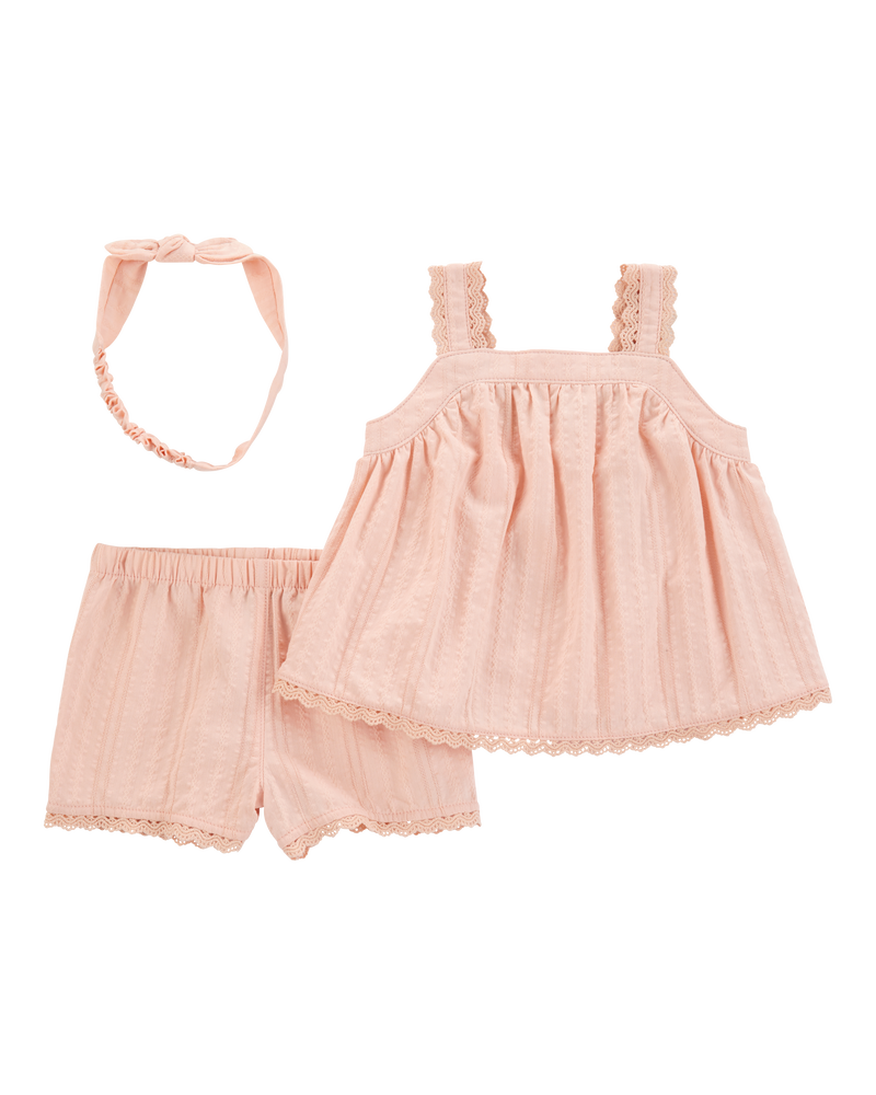 Baby Girl 3-Piece Lace Trim Outfit Set - Pink, image 1 of 4 slides