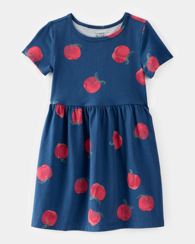 Toddler Girl Apple Print Short-Sleeve Knit Dress - Navy, image 1 of 4 slides