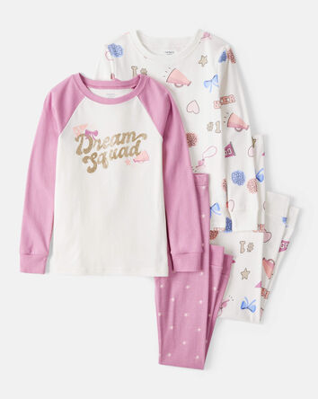 Girls Cheerleading Print 100% Cotton Long-Sleeve 4-Piece Pajamas - White/Pink, 