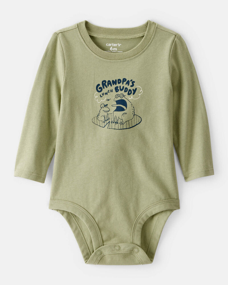 Baby Boy Grandpa's Lunch Buddy Frog Cotton Long-Sleeve Graphic Bodysuit - Green, image 1 of 3 slides