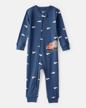 Baby Boy Construction Print 100% Cotton Long-Sleeve 2-Way Zip 1-Piece Pajamas - Blue, 