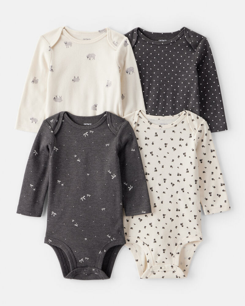 Baby Girl 4-Pack Sheep Print Long-Sleeve Multipack Bodysuits - Black/White, image 1 of 6 slides