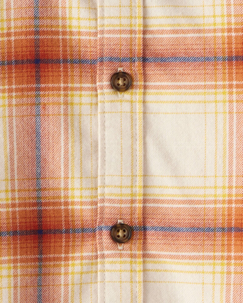 Toddler Boy Plaid Cotton Long-Sleeve Hooded Button-Down Shirt - Orange, image 2 of 3 slides