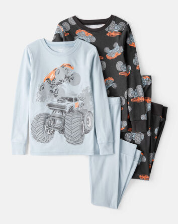 Boys Monster Truck Print 100% Cotton Long-Sleeve 4-Piece Pajamas - Blue, 
