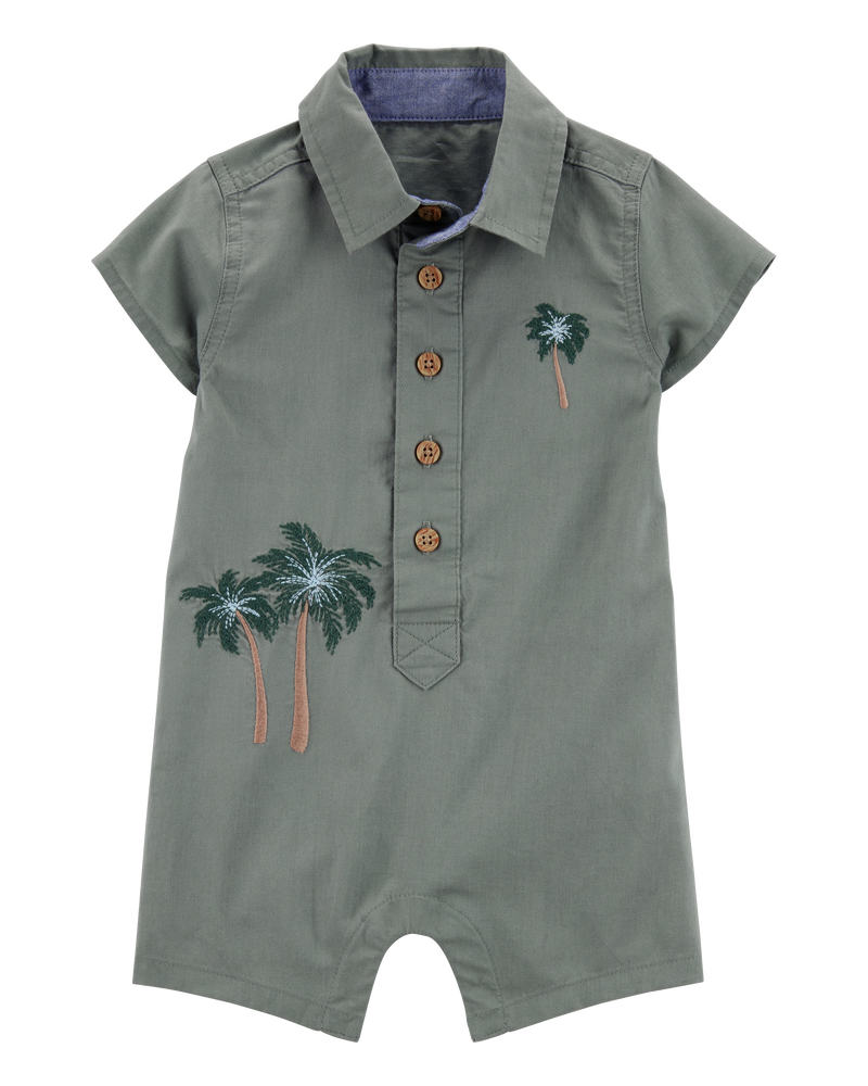 Baby  Palm Tree Print Button-Front Romper-Green, image 1 of 4 slides