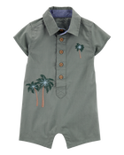 Baby  Palm Tree Print Button-Front Romper-Green, image 1 of 4 slides