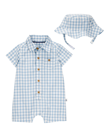Baby 2-Piece Gingham Romper & Hat Set -Blue, 
